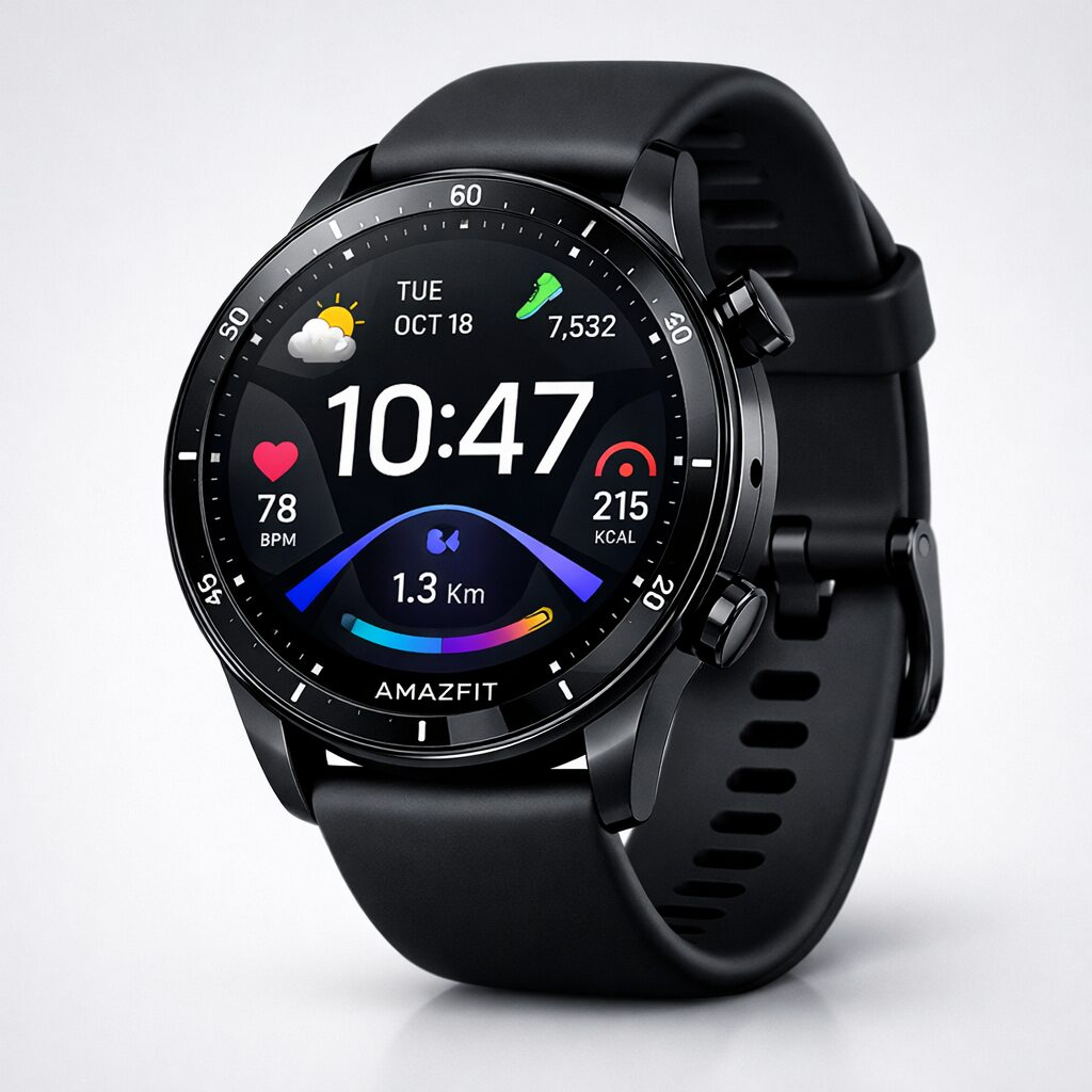 Amazfit Active 2 smartwatch on gray background
