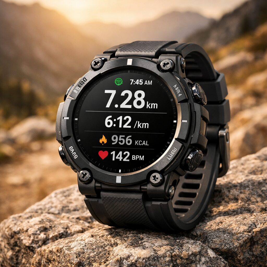 Amazfit T-Rex 3 rugged outdoor smartwatch on rocky terrain at golden hour