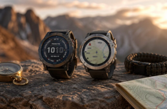 Two rugged outdoor smartwatches on a stone slab with compass paracord and trail map