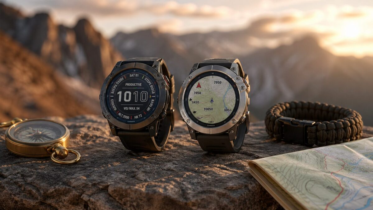 Two rugged outdoor smartwatches on a stone slab with compass paracord and trail map