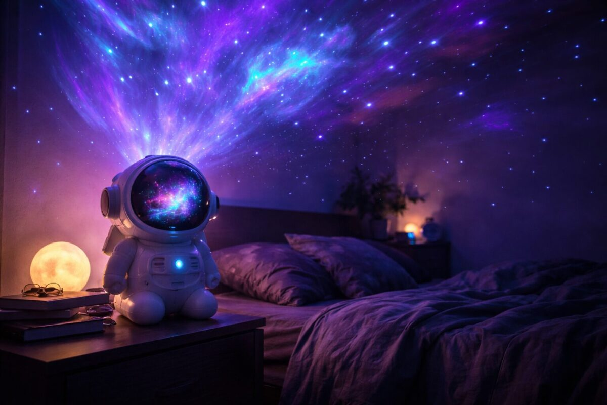 Astronaut shaped galaxy projector on nightstand projecting purple and blue nebula across dark bedroom