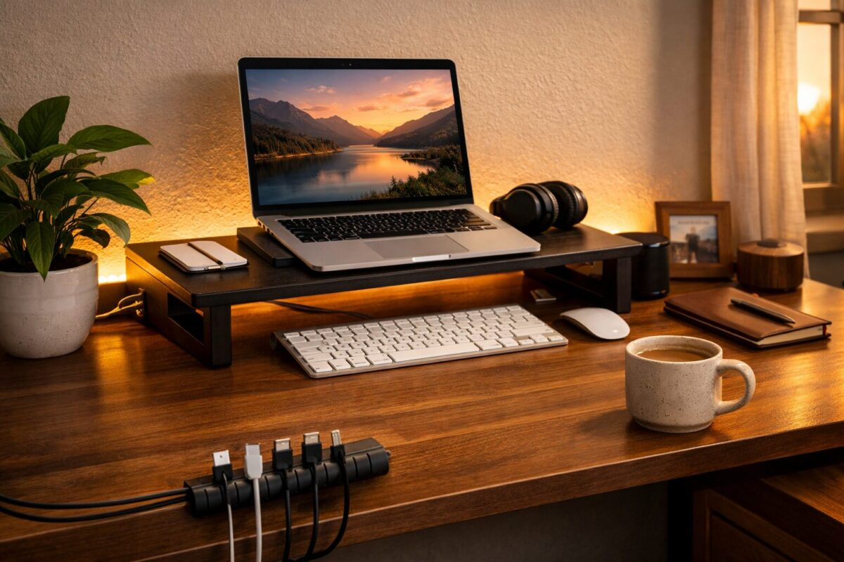 Tidy home office desk with monitor riser, cable organizer, LED strip, and mug