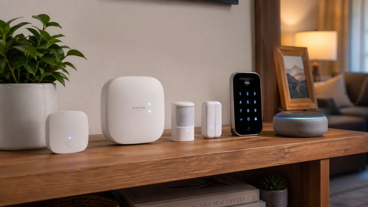 Smart home devices arranged on a wooden shelf with warm ambient lighting in a modern living room