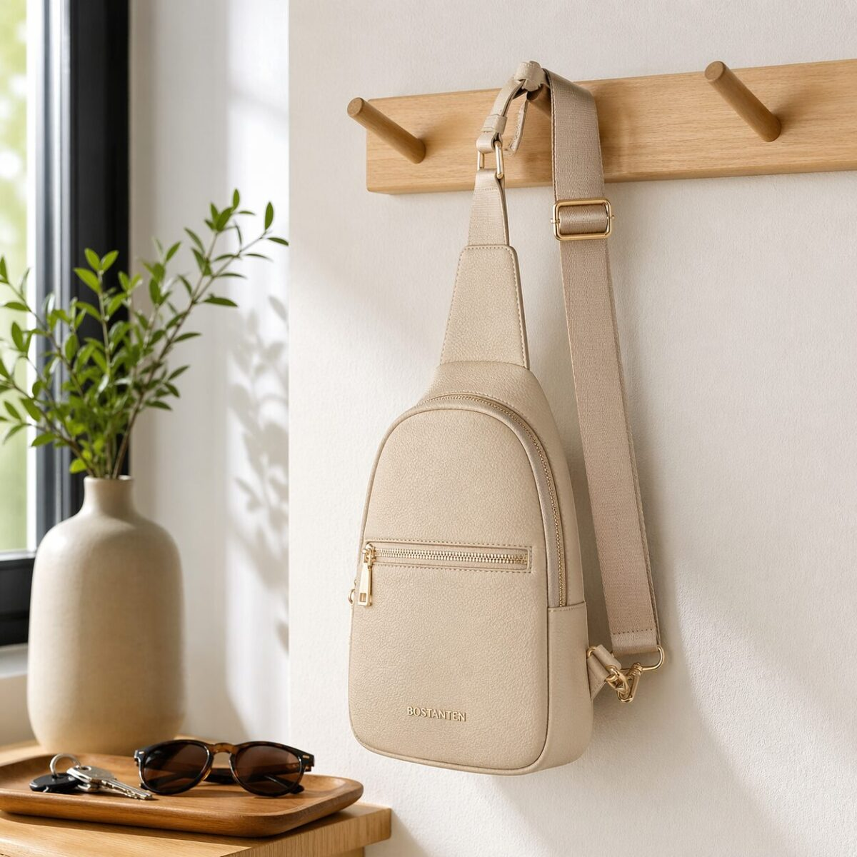 BOSTANTEN small sling bag in beige leather hanging on coat hook