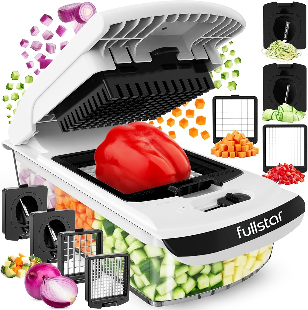 Fullstar vegetable chopper with multiple blade attachments and container