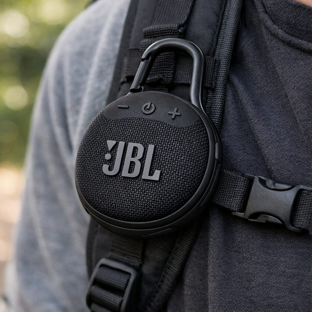JBL Clip 5 speaker in black clipped to backpack strap outdoors