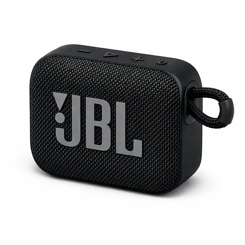 JBL Go 4 portable Bluetooth speaker in black with fabric mesh front and loop strap