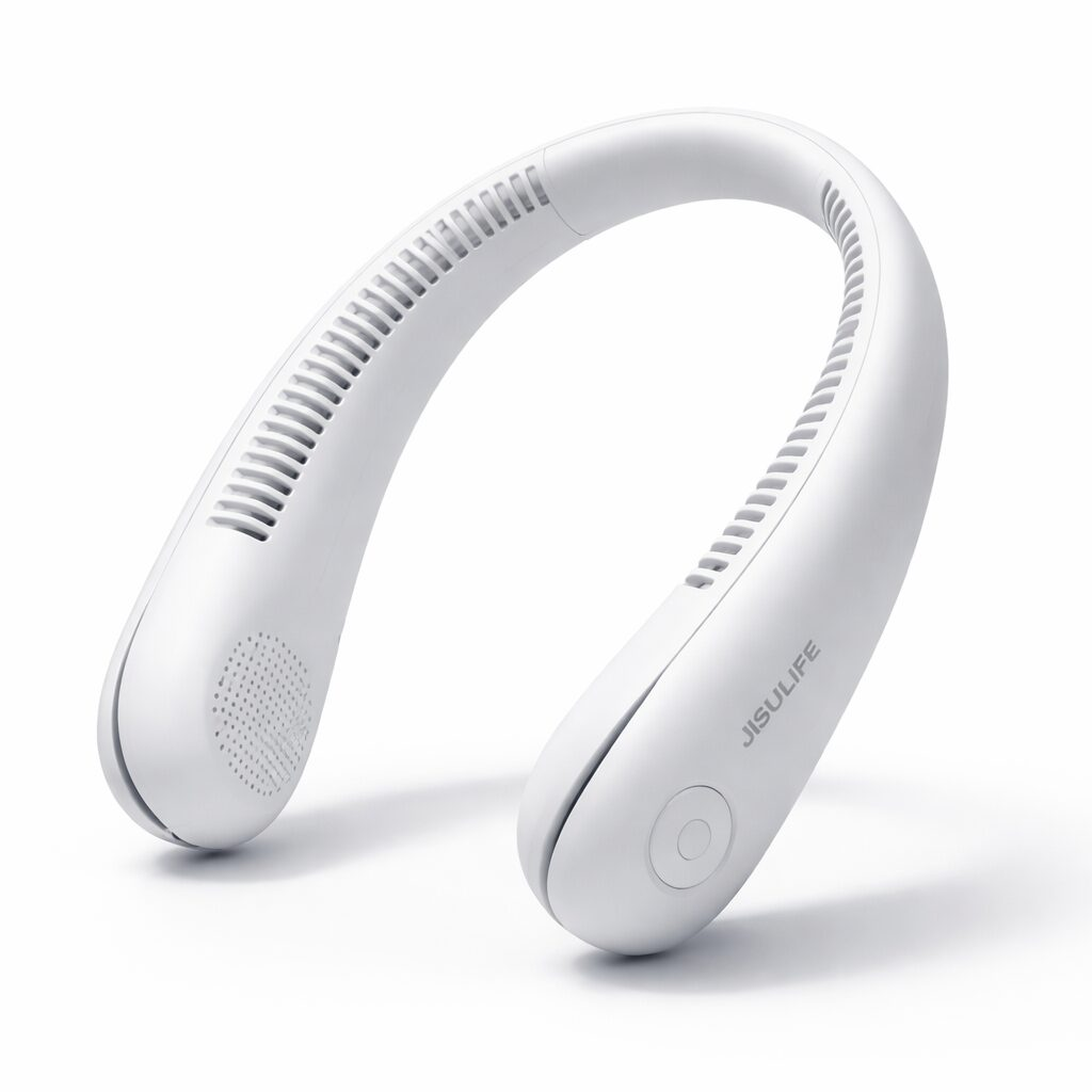 JISULIFE portable neck fan in white with U-shape bladeless design