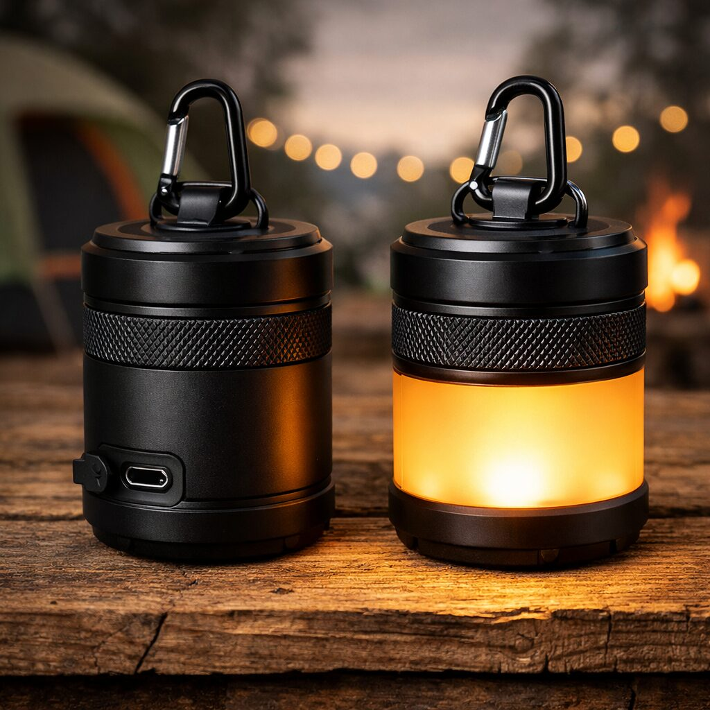 Two compact rechargeable LED camping lanterns with warm amber glow on rustic wooden table