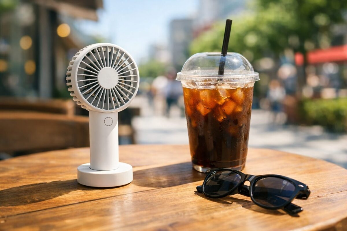 Small portable fan on cafe table next to iced coffee and sunglasses on a summer day