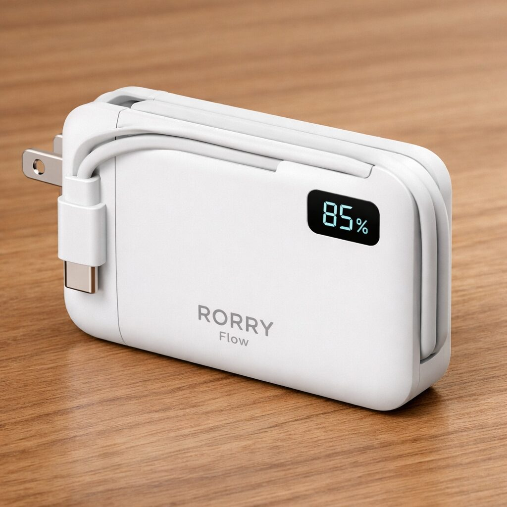RORRY Flow portable charger in white with LED display on wooden desk
