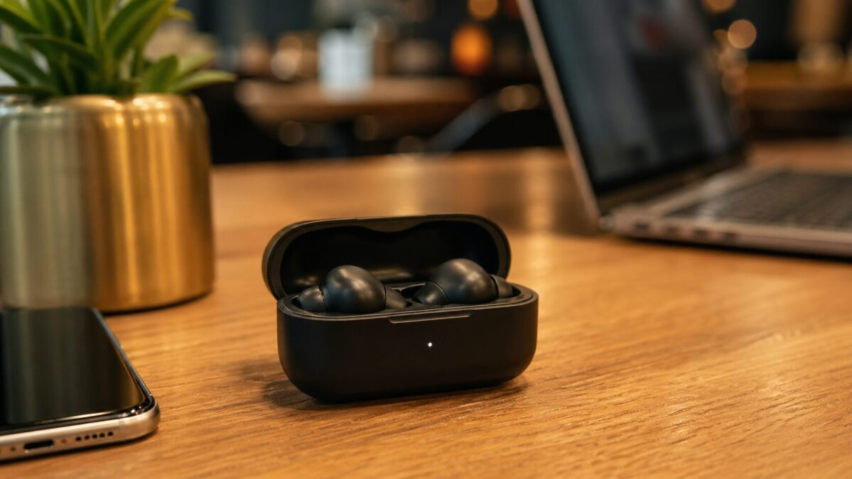 Black wireless earbuds in charging case on a modern minimalist desk with smartphone and plant
