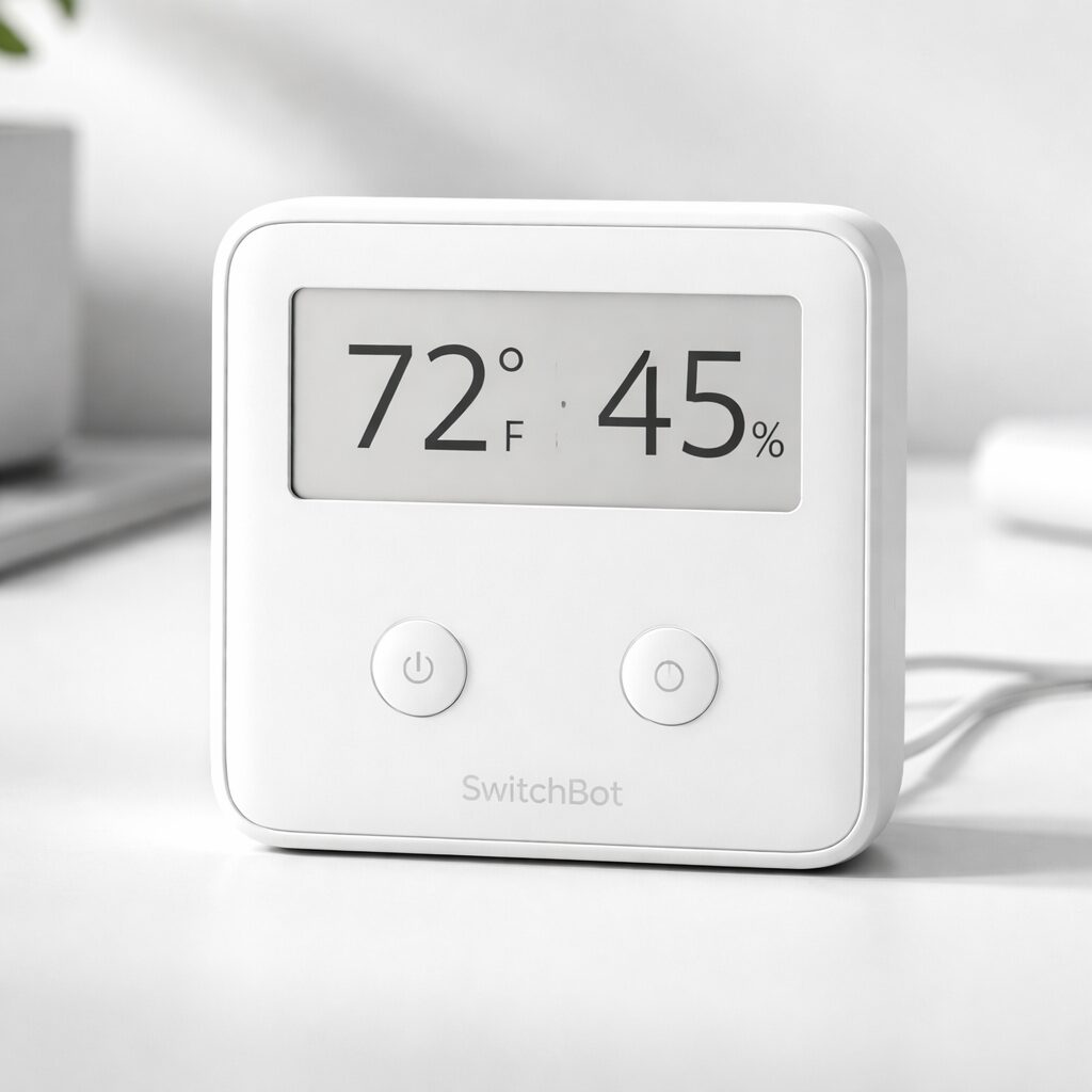SwitchBot Hub 2 smart home hub showing 72 F temperature and 45 percent humidity on its e-ink display