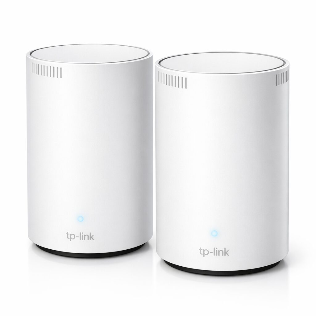 TP-Link Deco XE75 mesh WiFi system two white cylindrical units