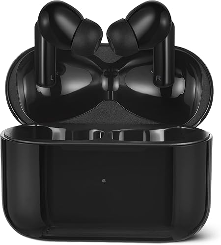 Wireless earbuds in charging case on white background