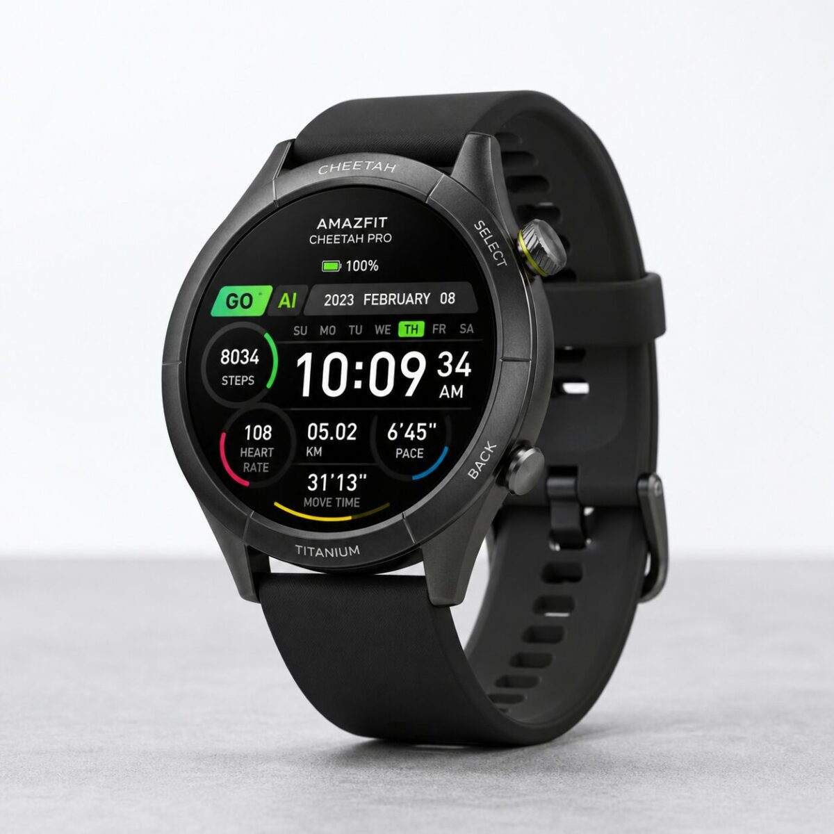 Amazfit Cheetah Pro running smartwatch with black silicone band and AMOLED display