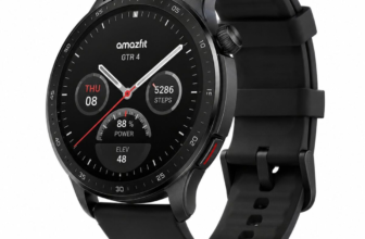 Amazfit GTR 4 smartwatch in black with round AMOLED display on white background