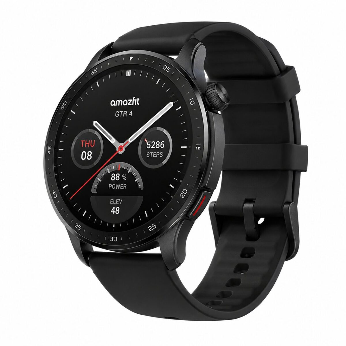 Amazfit GTR 4 smartwatch in black with round AMOLED display on white background