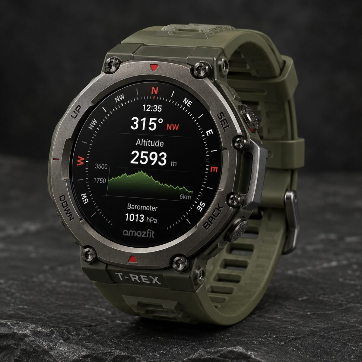 Amazfit T-Rex 3 rugged GPS smartwatch in olive green on dark surface