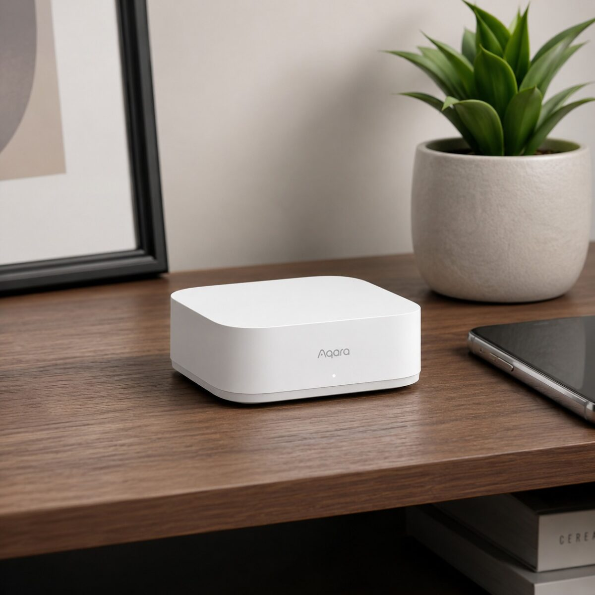 Aqara Smart Hub M200 on wooden desk with plant and smartphone