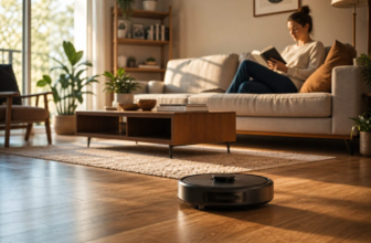 Person on couch reading while robot vacuum cleans living room floor in warm afternoon light