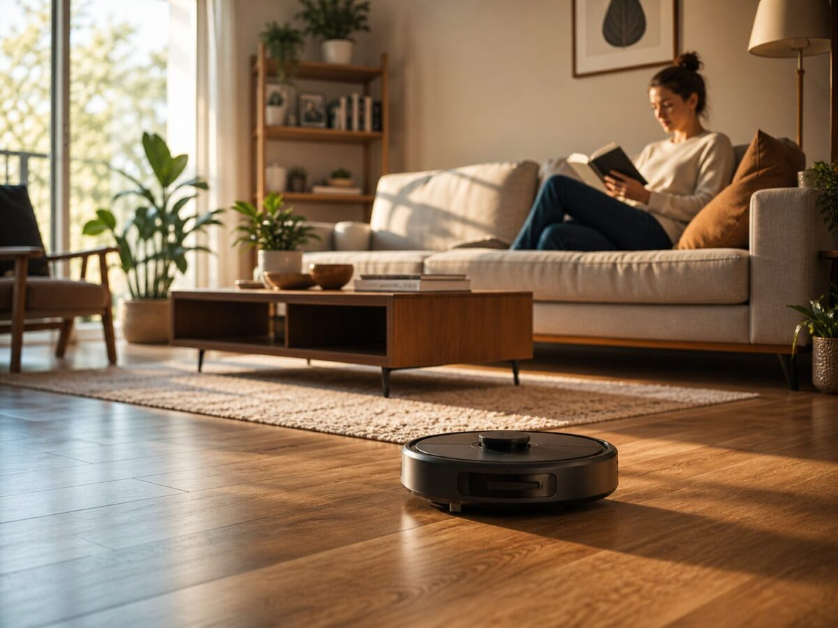 Person on couch reading while robot vacuum cleans living room floor in warm afternoon light