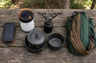 Camping gear flat lay on wooden picnic table with solar charger lantern stove cookware and hammock