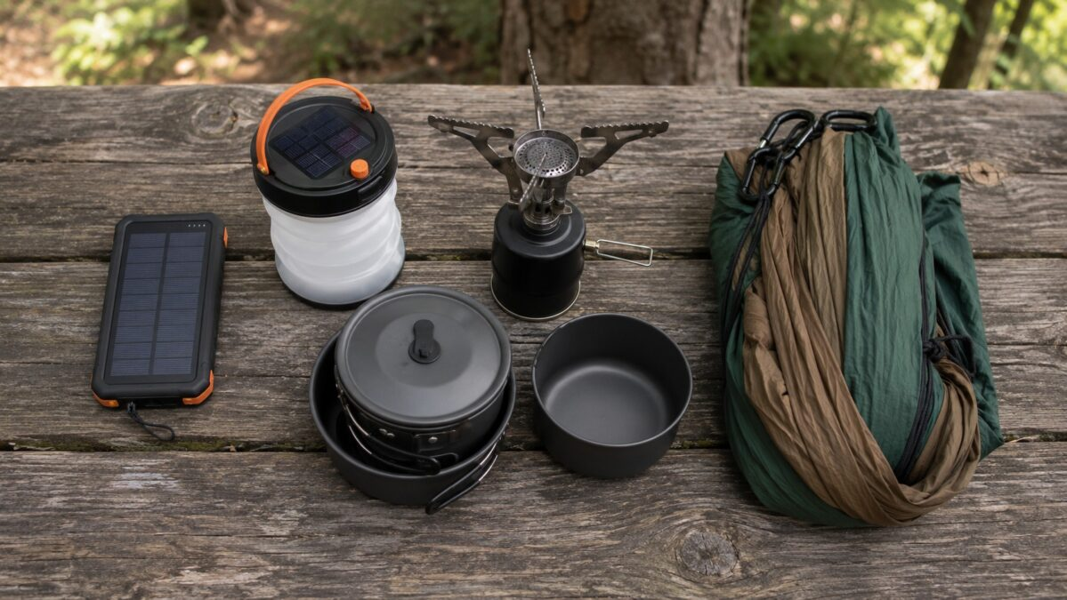 Camping gear flat lay on wooden picnic table with solar charger lantern stove cookware and hammock