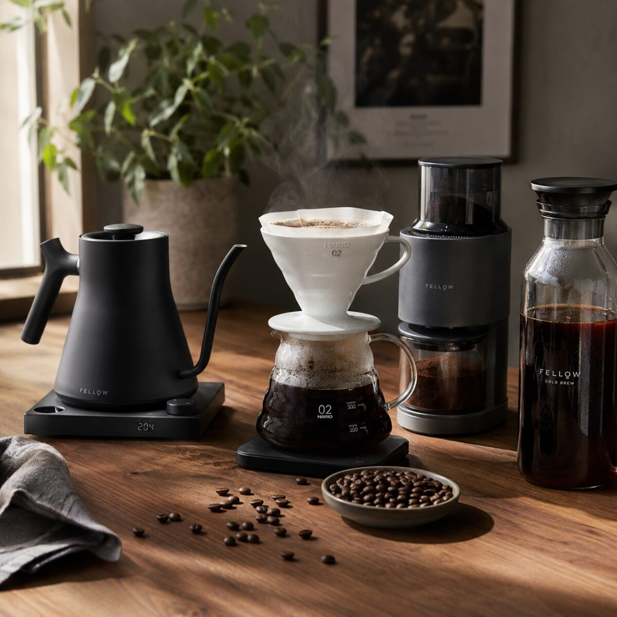 Coffee gear flat lay with electric gooseneck kettle, burr grinder, V60 dripper, and cold brew pot on walnut counter