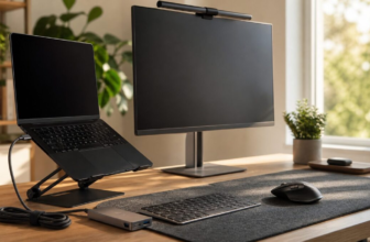 Modern home office desk with USB-C hub mouse laptop stand and monitor light