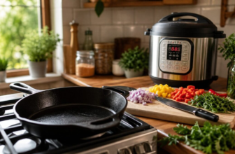 Cast iron skillet on stovetop with chef knife and chopped vegetables in modern kitchen