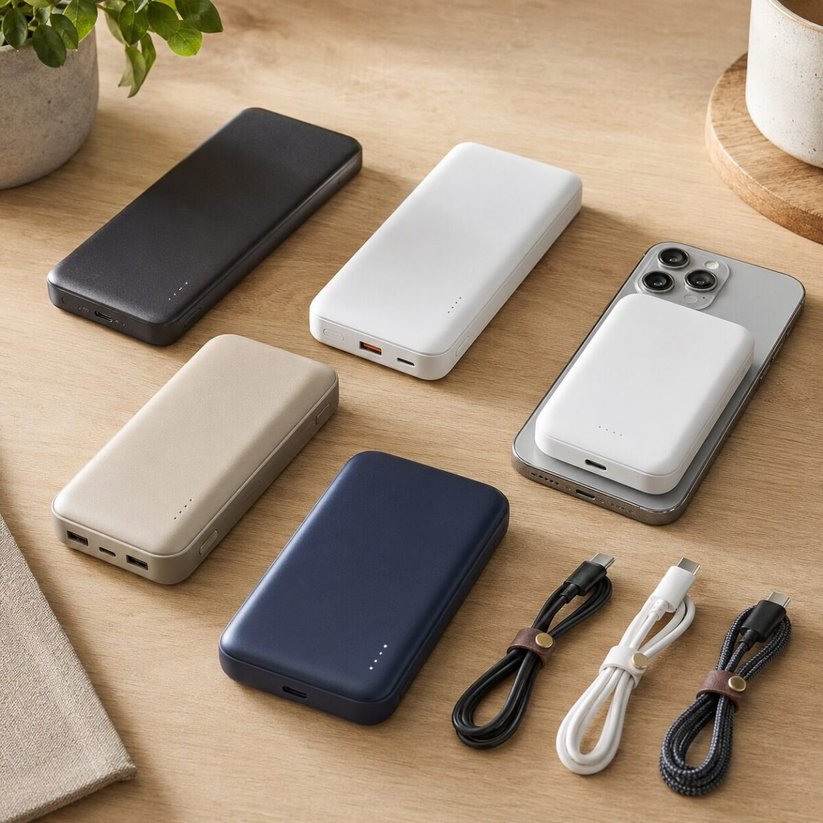Portable power banks and USB cables arranged on wooden desk with MagSafe charger
