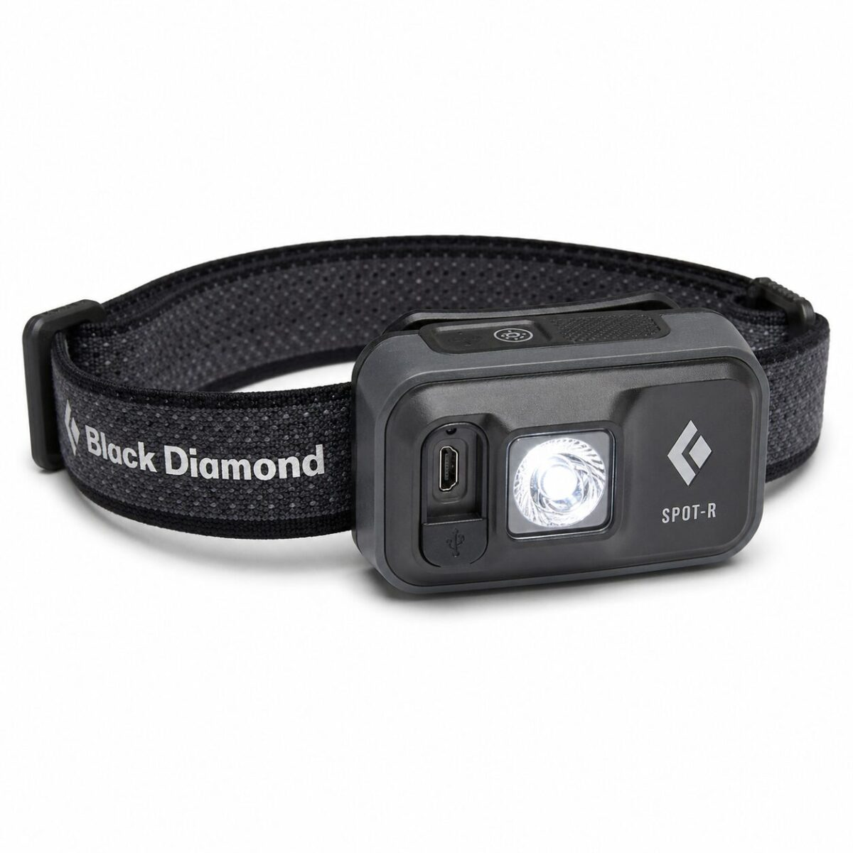Black Diamond Spot 400-R rechargeable headlamp in graphite color, 400 lumen LED with elastic strap