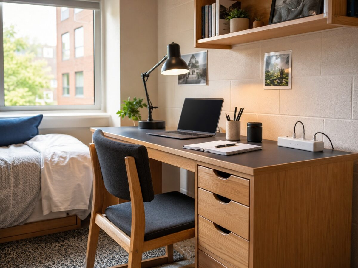 College dorm room desk with gadgets including desk lamp, bluetooth speaker, and power strip