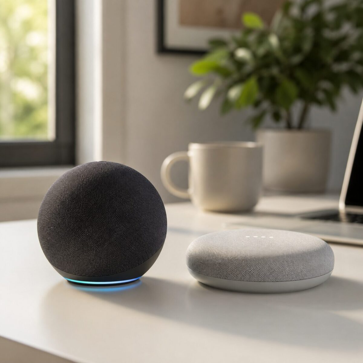 Two smart speakers side by side on a white desk with warm lighting