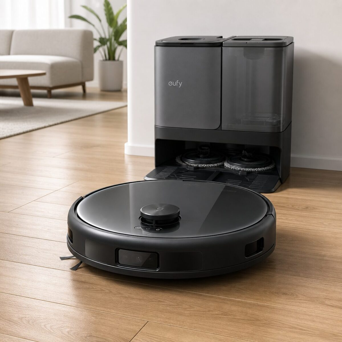 eufy C28 Robot Vacuum and Mop Combo on hardwood floor with self-empty dock