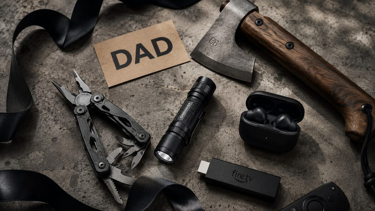 Father's Day gadget gifts flat lay on concrete surface with multitool flashlight earbuds and hatchet