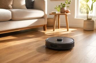 Modern robot vacuum cleaning a hardwood living room floor with neutral home decor in soft afternoon light