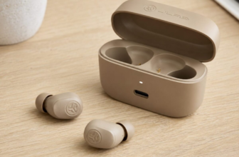 JLab Go Air Tones True Wireless Earbuds in earthtone tan with charging case