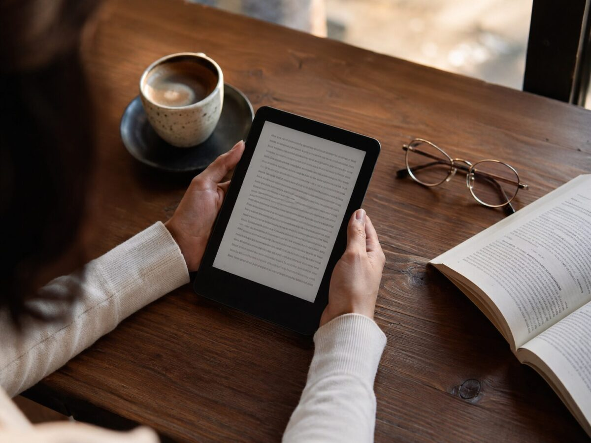 Person reading e-reader at cafe table with coffee and book