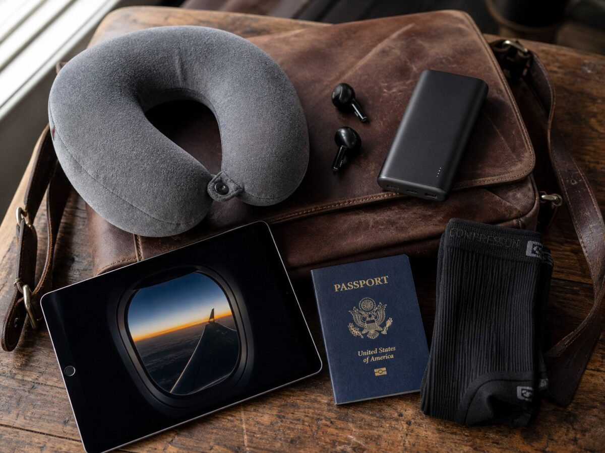 Long flight travel essentials flat lay including neck pillow, earbuds, power bank, and compression socks