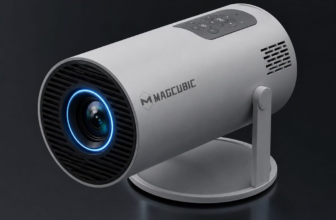 Magcubic Mini Projector in matte grey with blue LED lens ring on dark surface