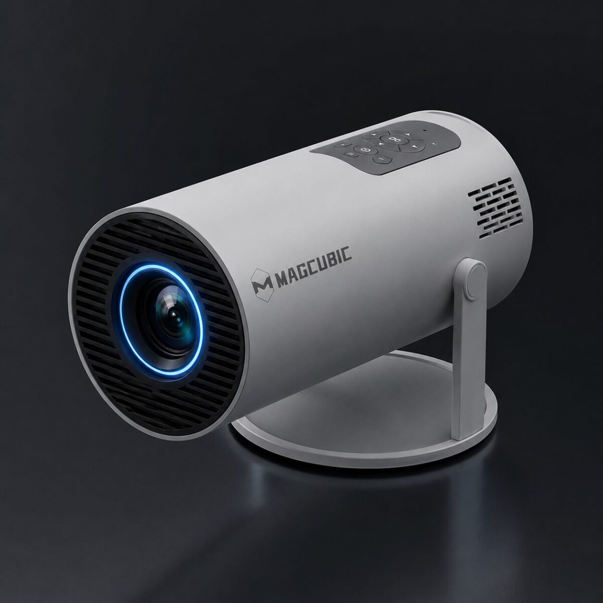 Magcubic Mini Projector in matte grey with blue LED lens ring on dark surface