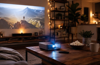 Mini projector on wooden table in cozy living room with warm string lights