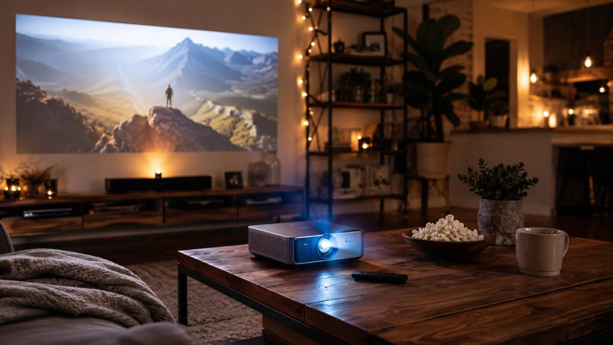 Mini projector on wooden table in cozy living room with warm string lights