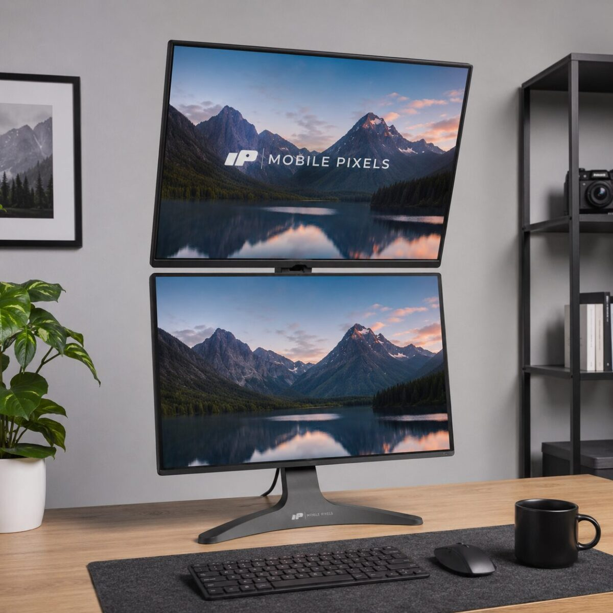 Mobile Pixels Geminos stacked dual monitor display on a wooden desk