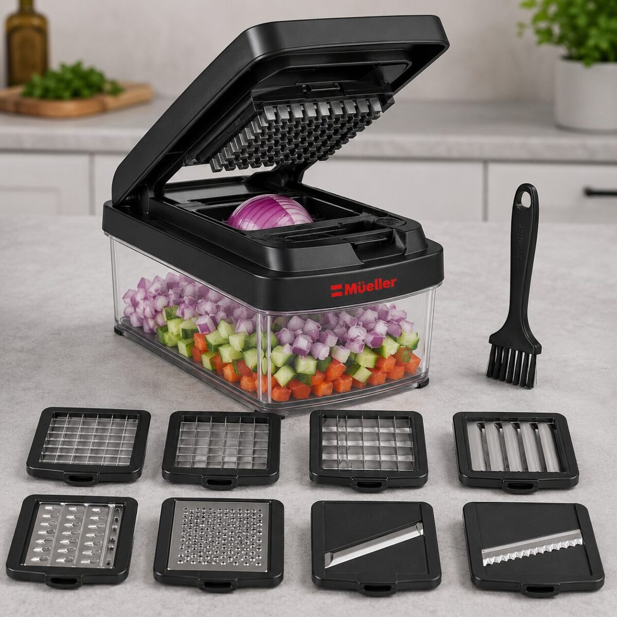 Mueller Pro-Series 10-in-1 Vegetable Chopper in black with 8 blades on kitchen countertop