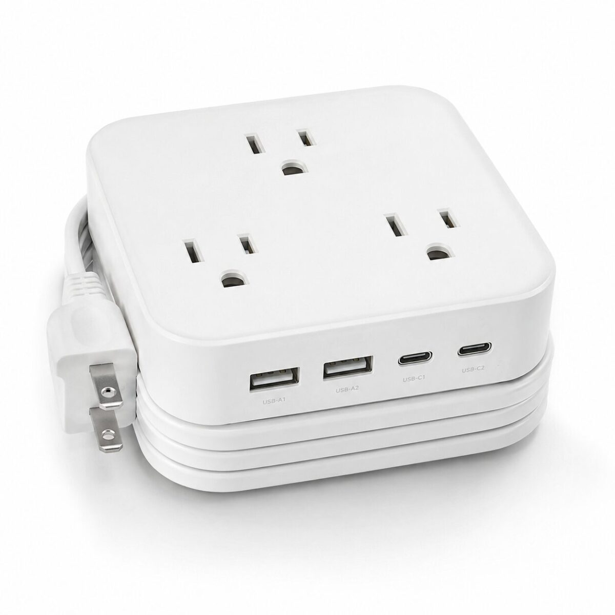 NTONPOWER white compact travel power strip with 3 AC outlets and 4 USB ports including USB-C