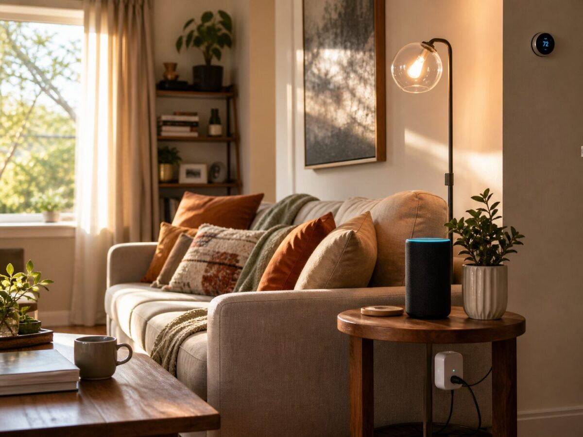 Cozy modern living room with smart speaker, smart plug and smart bulb integrated naturally into the space