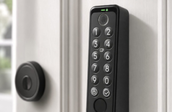 SwitchBot Lock Pro smart keypad mounted on white wood interior door